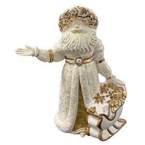 Vintage Ceramic Gold and White Santa Waving with Sleigh of Flowers 9.5 Inch Tall